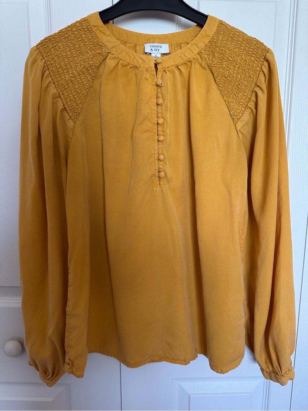 crown & ivy Mustard Smocked Yoke Button-Front Long Sleeve Blouse